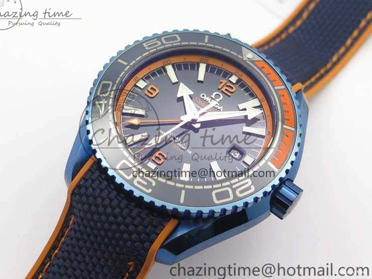 0818 FreshLook Planet Ocean 45mm GMT Blue DLC Black OMF Best Edition Blue Dial On Blue Gummy Strap A 8123